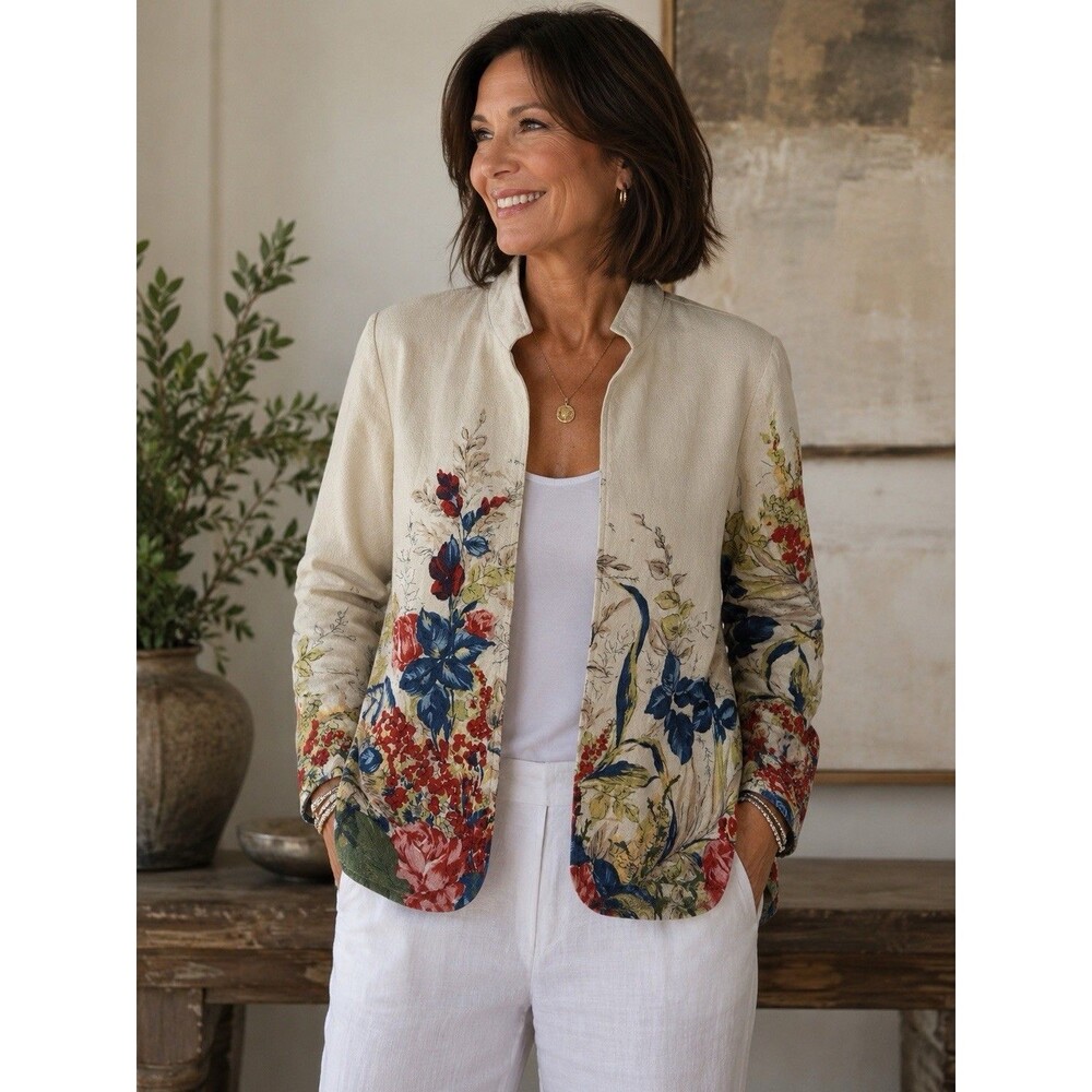 Coldwater Creek Cream Floral Linen Blend Jacket with Multicolor Blooms